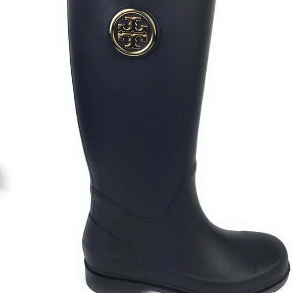 Tory Burch Black Sarah Gold Logo Rubber Tall Rain Boots 37568 Sz 9M Navy - Picture 1 of 3